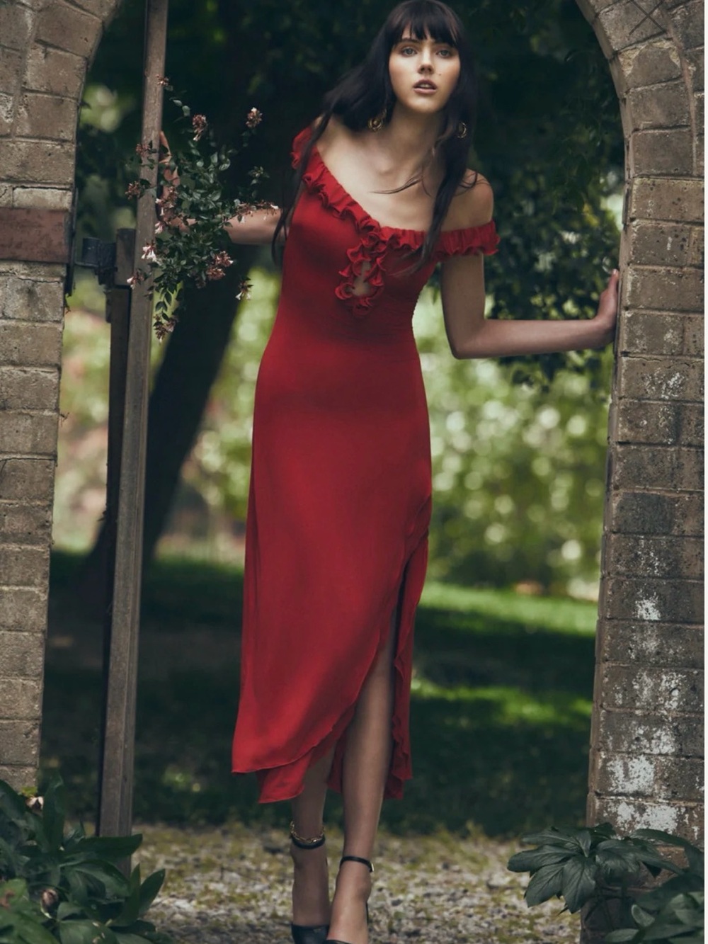 Meshki Red Off-Shoulder Ruffle Midi Dress